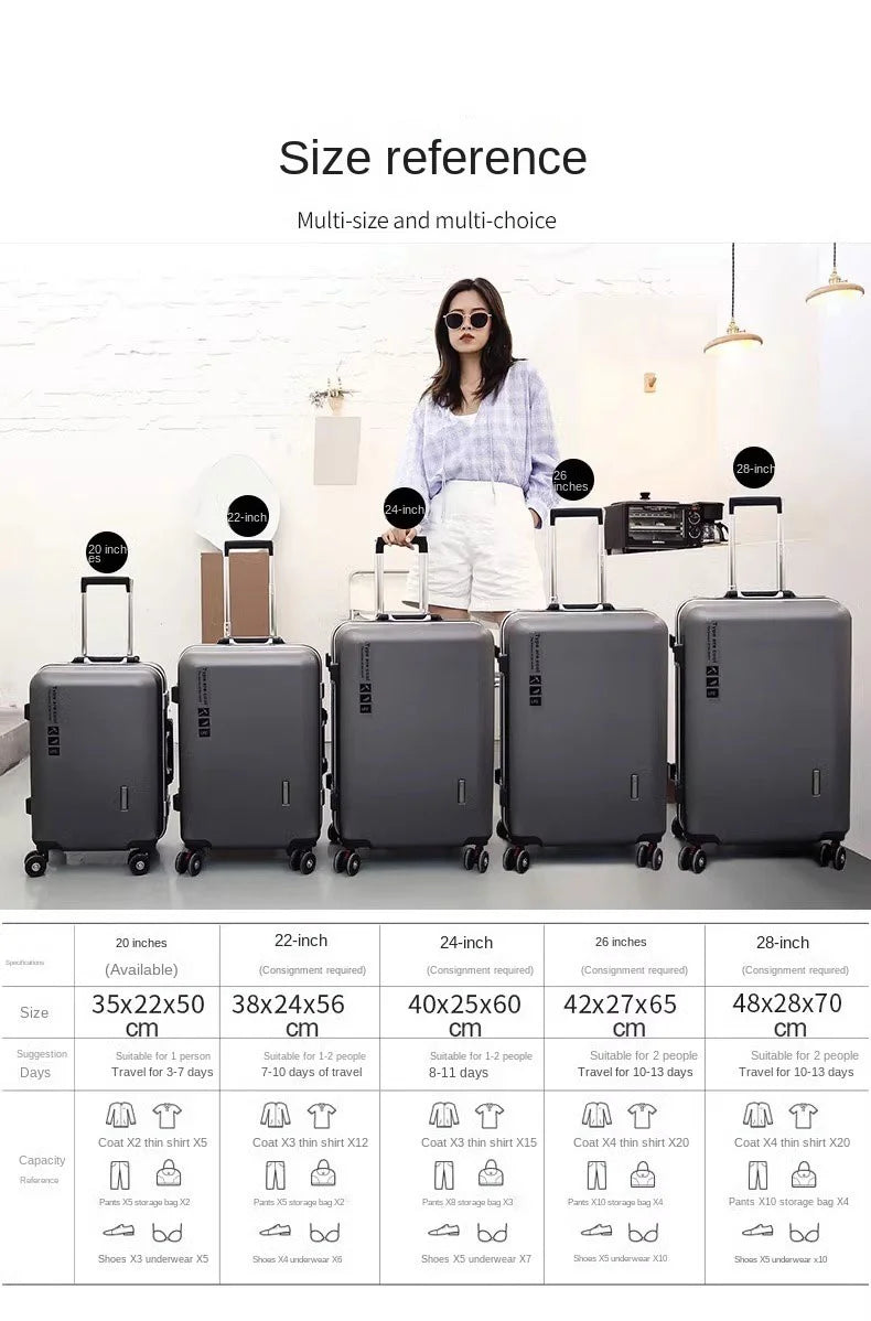 20 22 24 28 Inch Carry-on Suitcase Aluminium frame Rolling Luggage Trip Cabin Trolley Case Travel Bag Password Lock Zipper