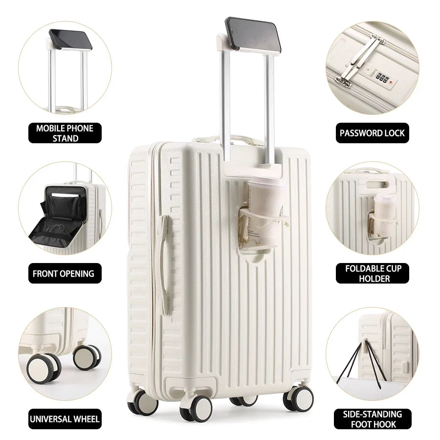 Front-Opening Carry-On Luggage Hidden Phone Holder Wet/Dry Compartment 20" ABS+PC Multi-functional Suitcase Cup Holder Side Hook