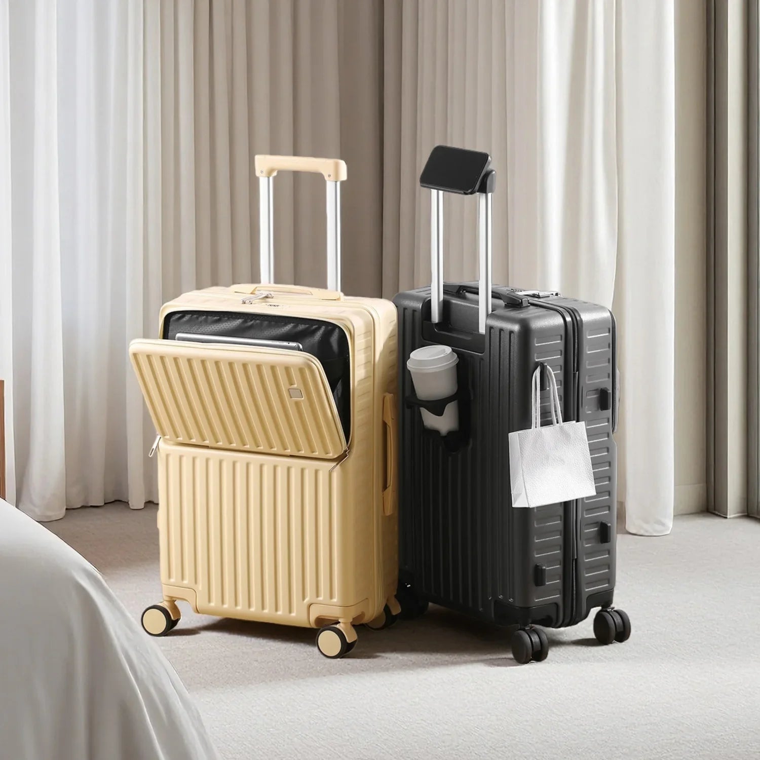 Front-Opening Carry-On Luggage Hidden Phone Holder Wet/Dry Compartment 20" ABS+PC Multi-functional Suitcase Cup Holder Side Hook