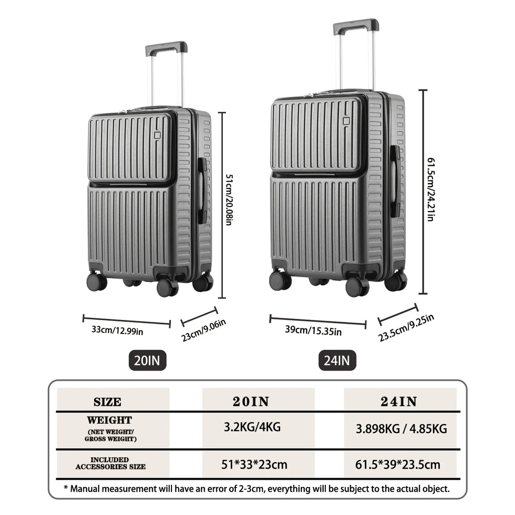 Front-Opening Carry-On Luggage Hidden Phone Holder Wet/Dry Compartment 20" ABS+PC Multi-functional Suitcase Cup Holder Side Hook