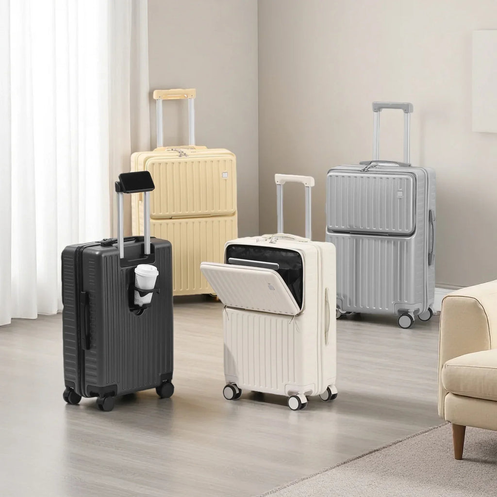 Front-Opening Carry-On Luggage Hidden Phone Holder Wet/Dry Compartment 20" ABS+PC Multi-functional Suitcase Cup Holder Side Hook